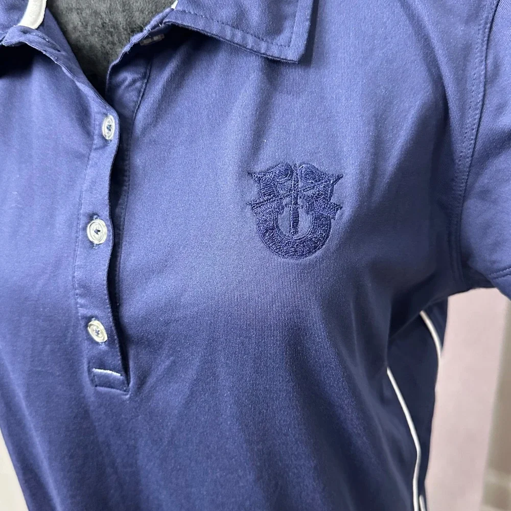 Alo Yoga CoolFit Womens XL Navy Blue‎ Short Sleeve Performance Polo Shirt Crest